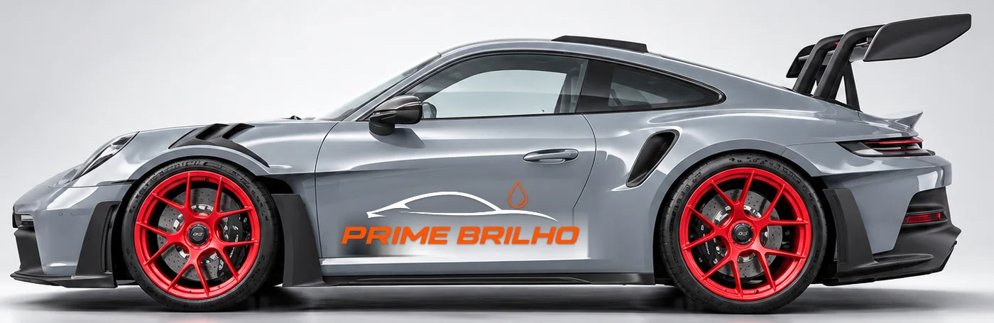 Carro esportivo cinza com rodas vermelhas e a logo da Prime Brilho na porta