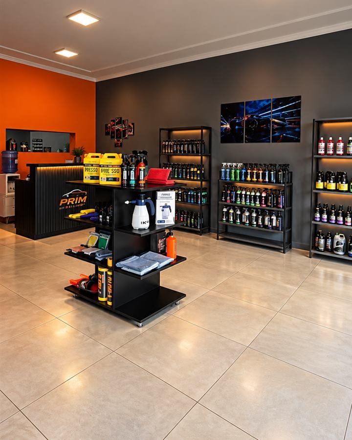 Interior da Prime Brilho Store, com balcão laranja, expositor central e prateleiras iluminadas cheias de produtos de estética automotiva
